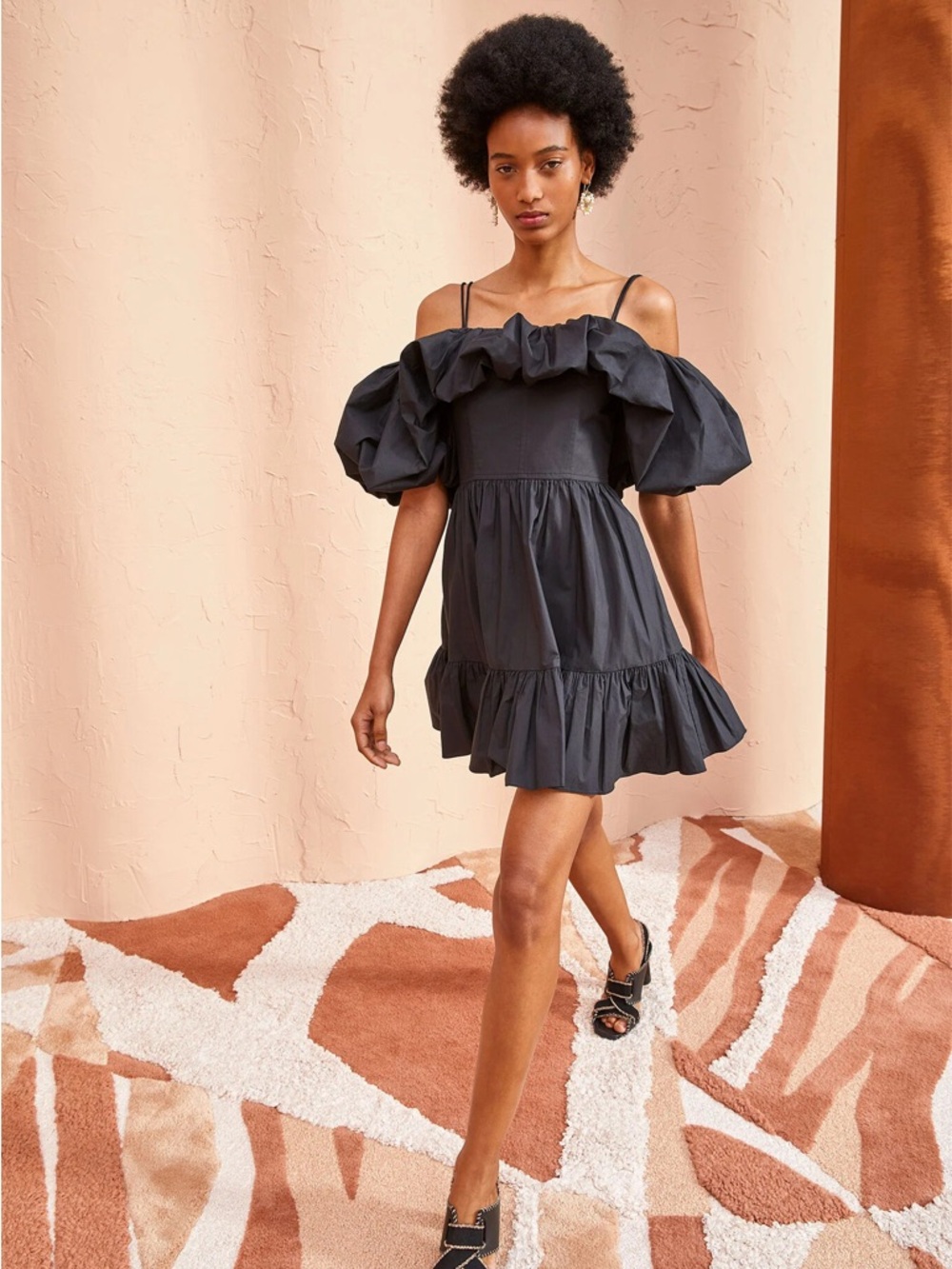 Ulla Johnson Lila Off-the-Shoulder Cotton Poplin Mini Dress in Black - Picture 2 of 6